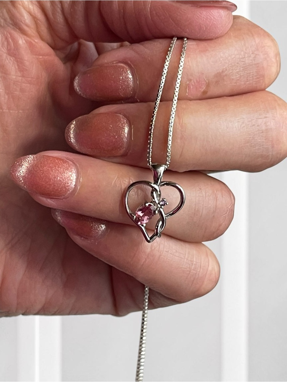 925 Sterling Silver Pink Tourmaline Amethyst Open Heart Pendant Necklace
